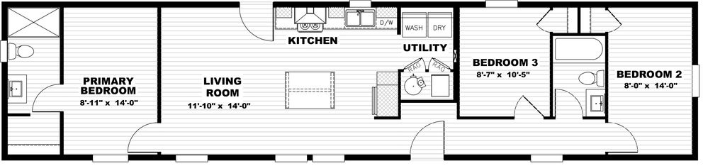 Floor plan of the Rhythm Nation: primary bedroom, two additional bedrooms, kitchen, living room and utility room
